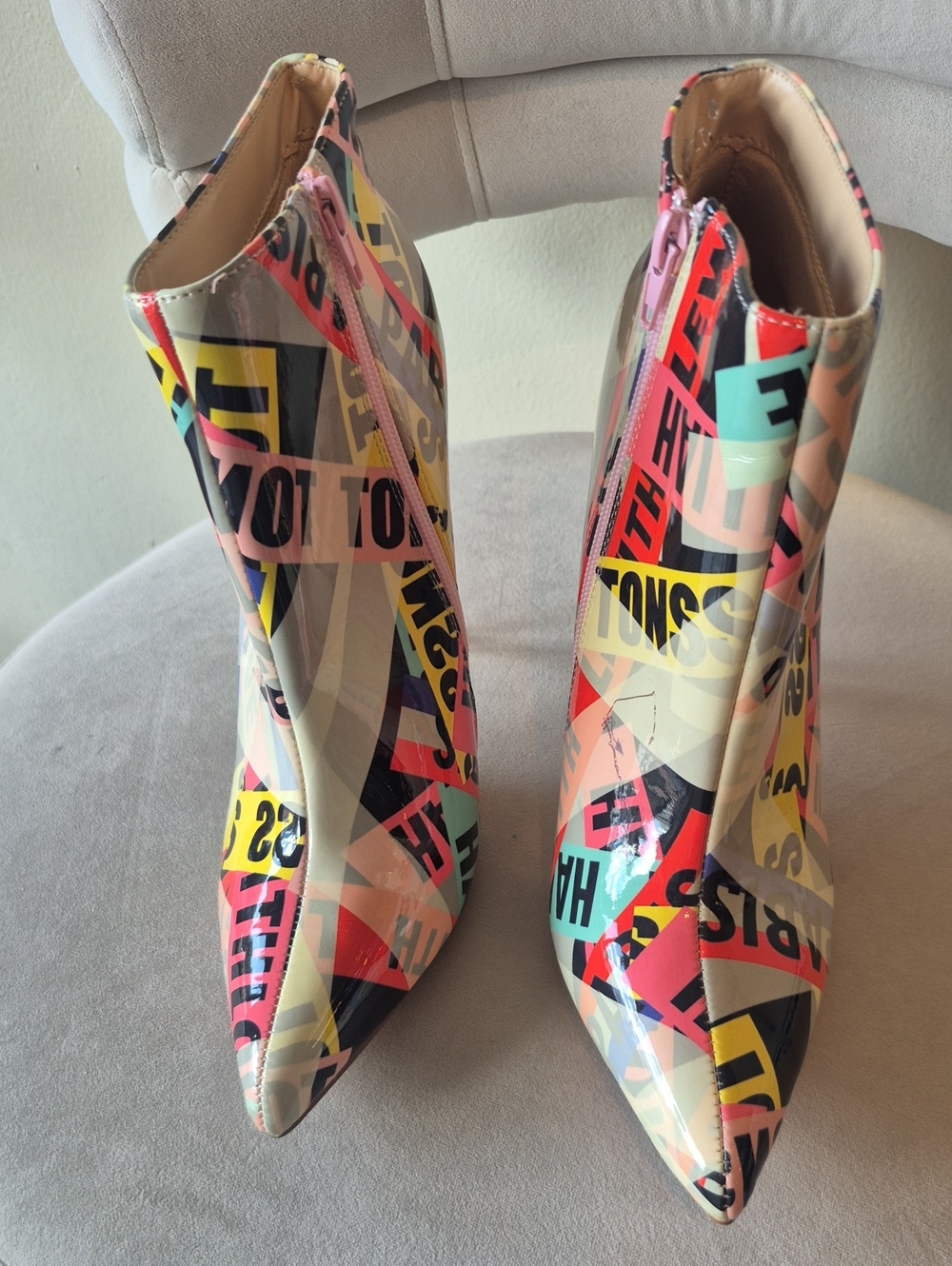 Patent Graphic Print Pointed Ankle Booties - Multicolor